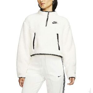 NIKE Women's White Black Sherpa Fleece 1/4 Zip Cropped Boxy Sweater Size Small